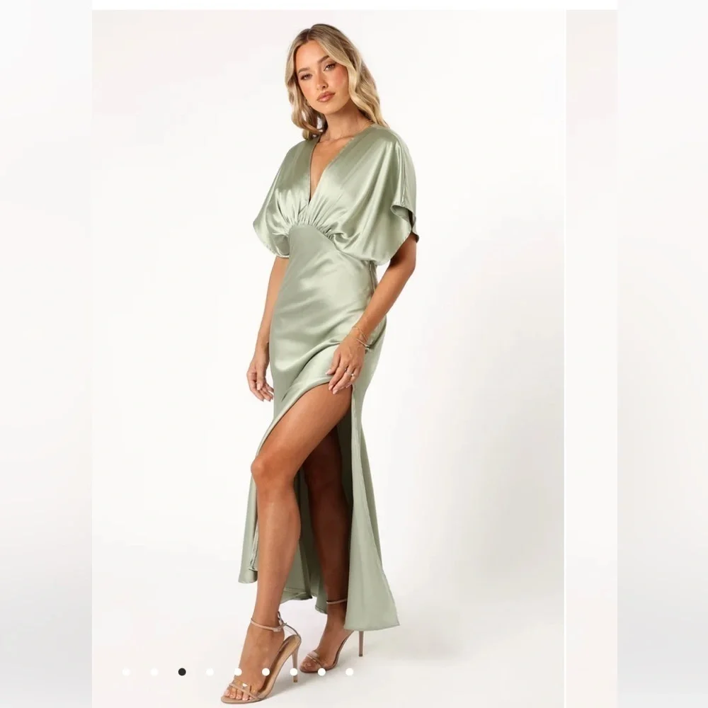 Petal and Pup NWT Ricki Satin Olive Green Maxi Dress Gown Size XS - Picture 2 of 14
